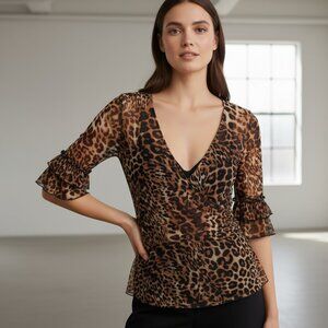 Vintage Y2K Leopard Animal Print Top Size Medium Wrap Sheer Mesh Sexy Club Fairy